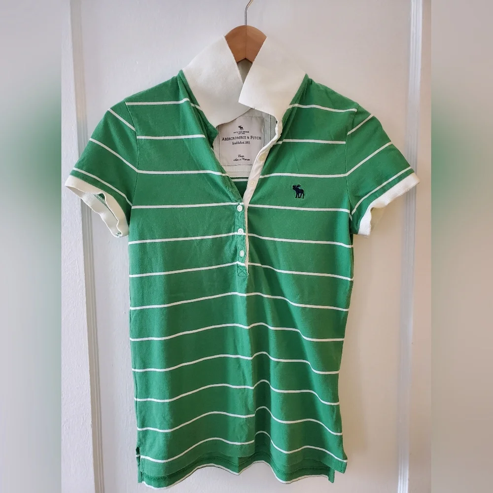 Abercrombie & Fitch Green Striped Polo Shirt Size L - Picture 1 of 4